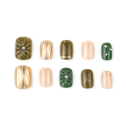 Artificial nail set with elegant flower design and luxurious glitter accents Acalora