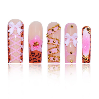 Decorative Stiletto Press-On Nails with 3D Floral and Bow Accents Acalora