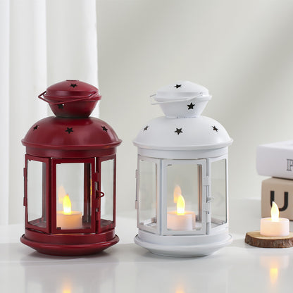 Vintage-Inspired Cylindrical Metal Tea Light Lantern with Star Vent Cutouts and Hinged Glass Door Acalora