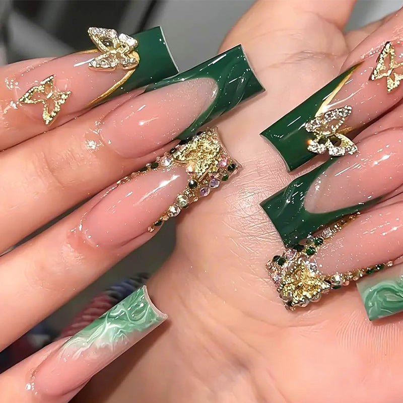 Premium Decorative Press-On Nail Set with Artistic Floral and Gem Accents Acalora