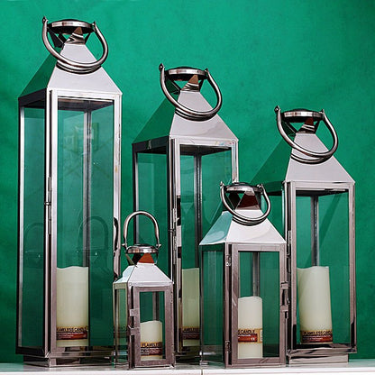 Stainless Steel Glass Hurricane Lantern Set with Hinged Door and Top Carry Ring Acalora