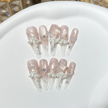 Elegant Press-On Acrylic Nail Set with Decorative Bow and Glitter Accents Acalora