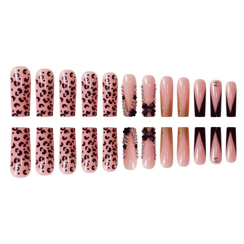 Glamorous Press-On Nail Art Set with Rhinestone and Leopard Accents Acalora