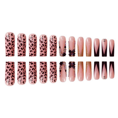 Glamorous Press-On Nail Art Set with Rhinestone and Leopard Accents Acalora