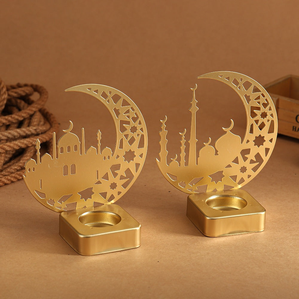 Crescent Silhouette Mosque Tea Light Lantern with Filigree Metal Base Acalora