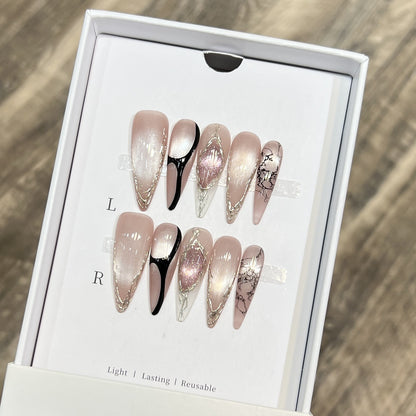 Artistic Stiletto Press-On Nail Set with Unique Marble Design Acalora