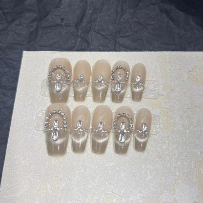 Elegant Press-On Nail Set with Rhinestone Detailing Acalora