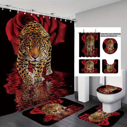 Artistic High-Definition Leopard and Rose-Themed Bathroom Décor Set