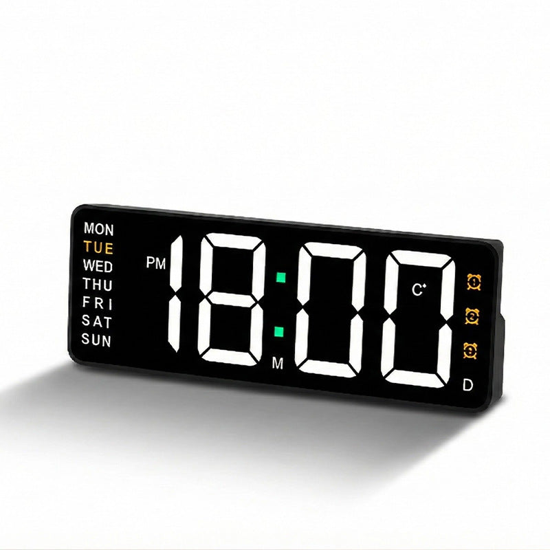 Digital wall clock with temperature and weekday display