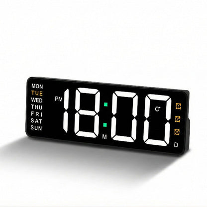 Digital wall clock with temperature and weekday display