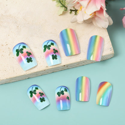 Artificial nails with colorful rainbow and clover leaf designs Acalora