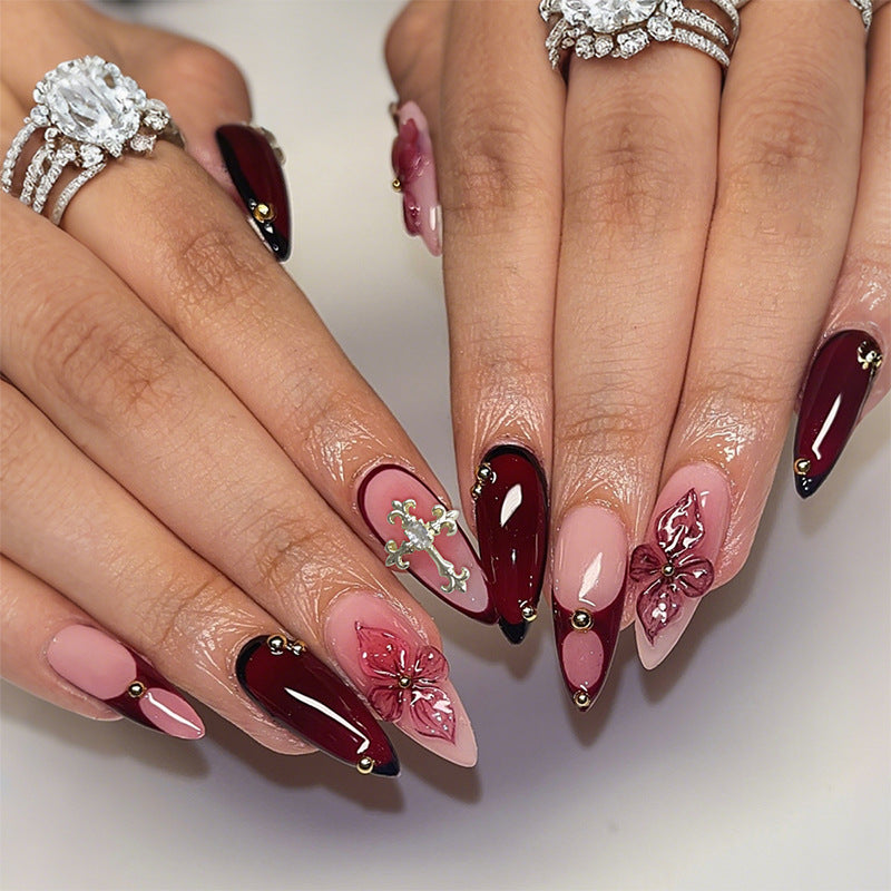 Artistic Press-On Nail Set with Floral and Ombre Design Acalora