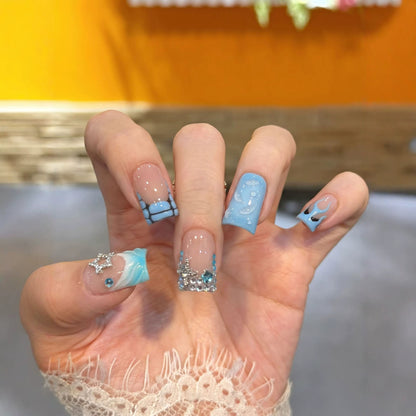 Decorative Press-On Nail Art Set with Ocean-Inspired Design Acalora