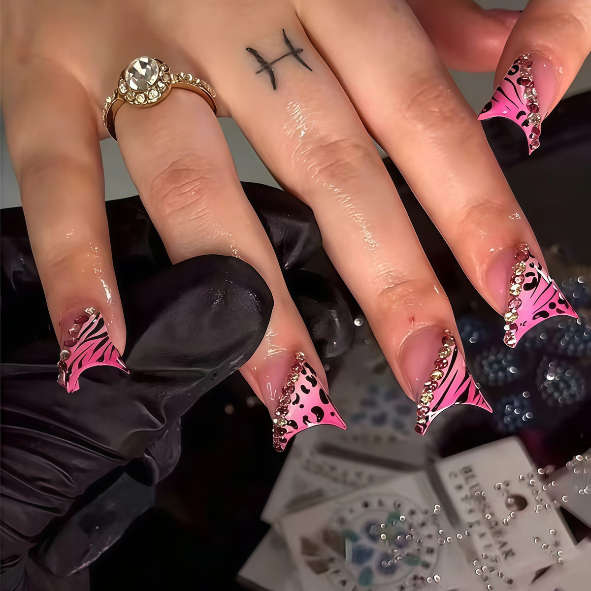 Decorative Stiletto Press-On Nails with Animal Print and Gemstone Accents Acalora