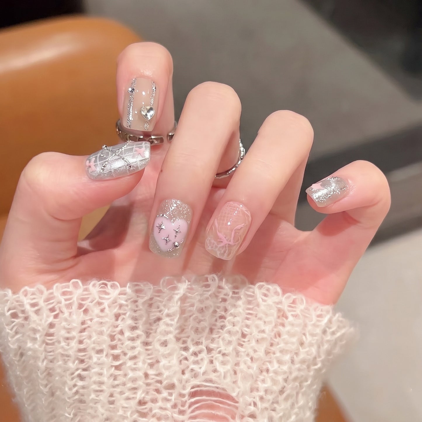 Decorative Press-On Nail Set with Heart and Silver Accents Acalora