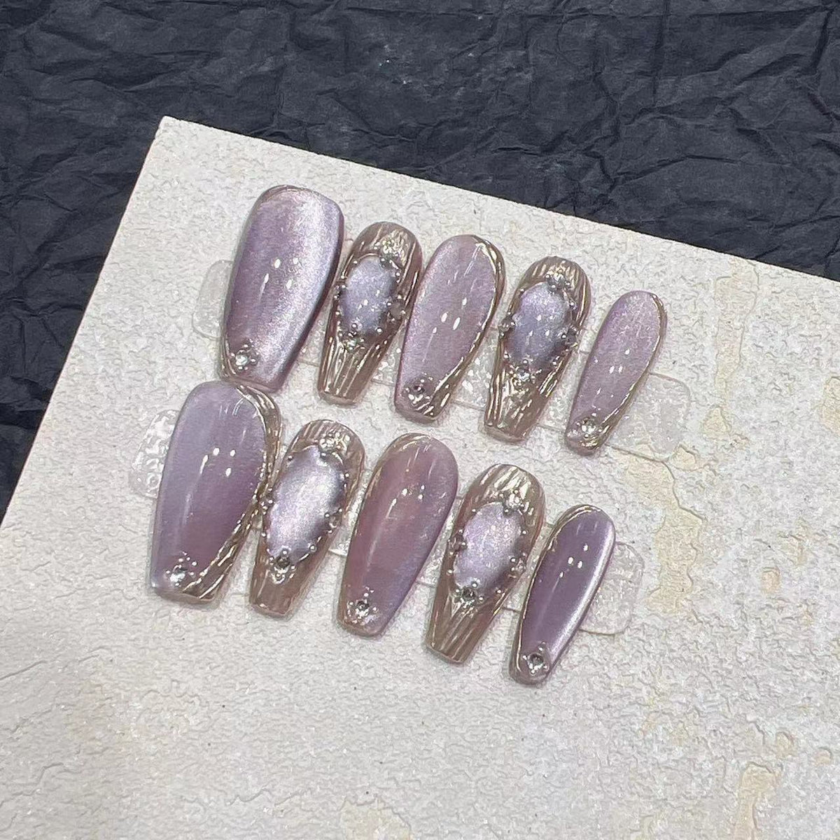 Elegant Press-On Nail Set with Artistic Metallic Design Acalora