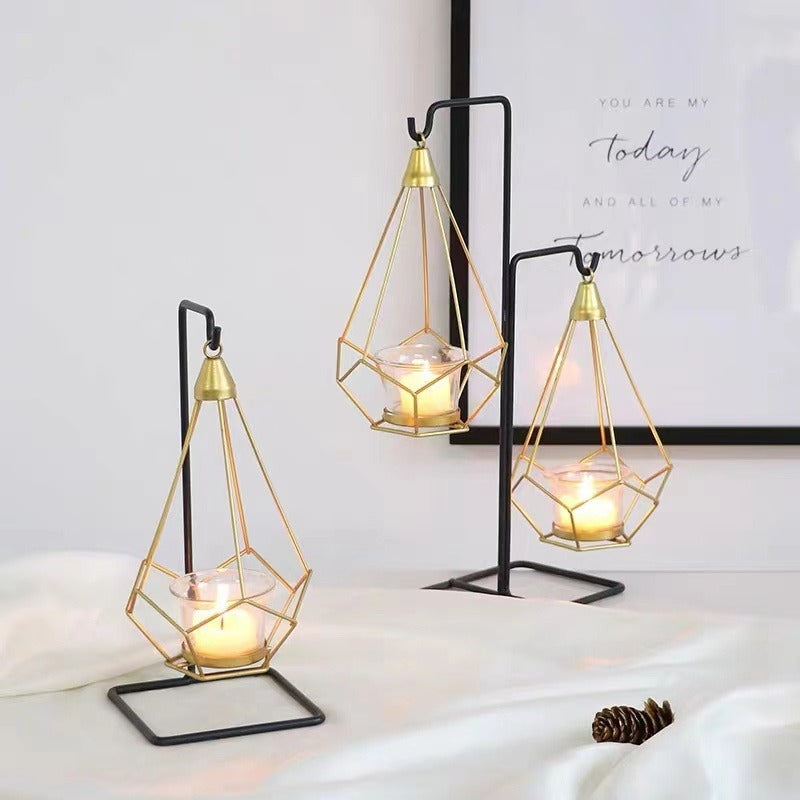 Decorative Geometric Hanging Tealight Candle Holder Set with Metal Stands and Glass Votives Acalora