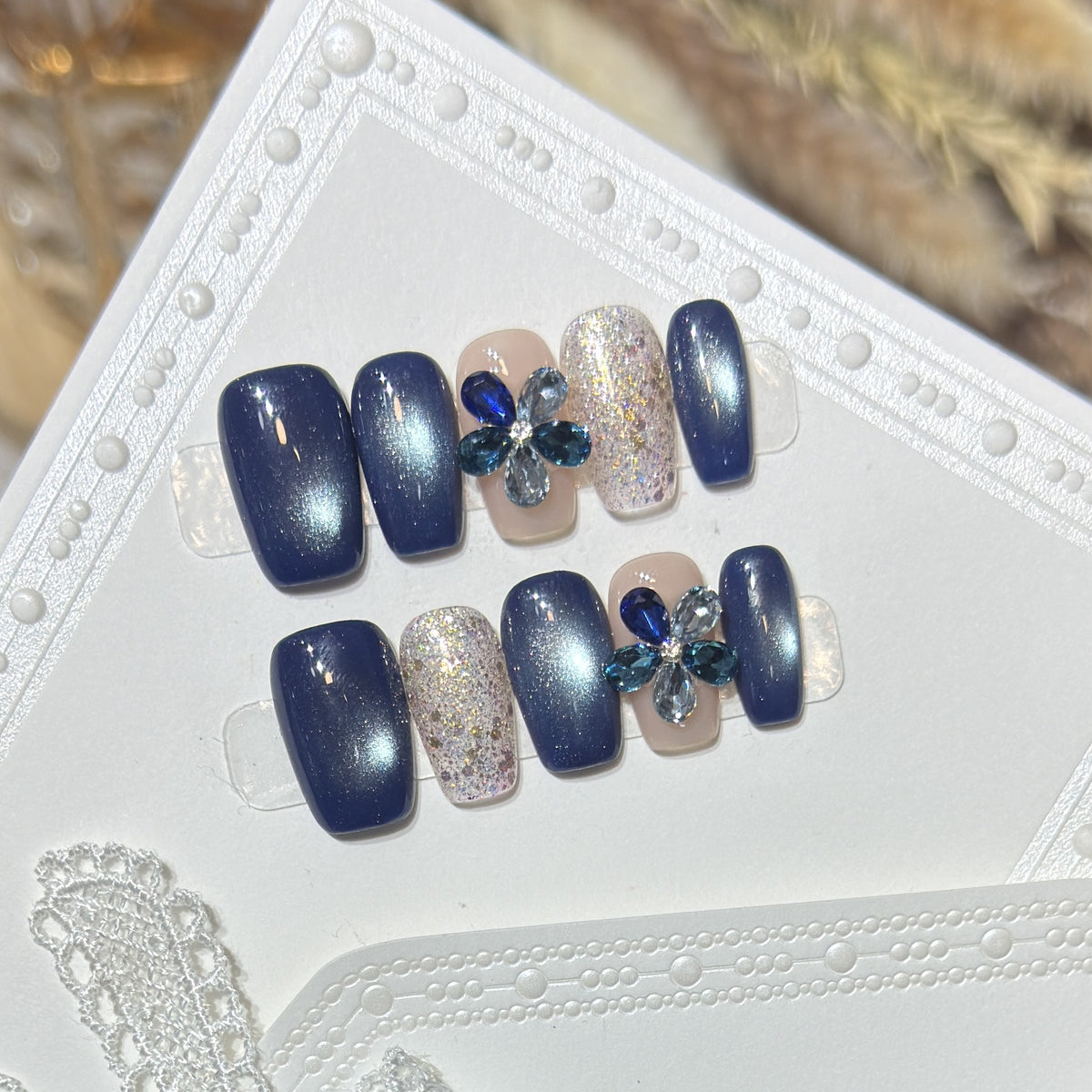 Elegant Floral Press-On Nail Set with Gemstone Accents Acalora