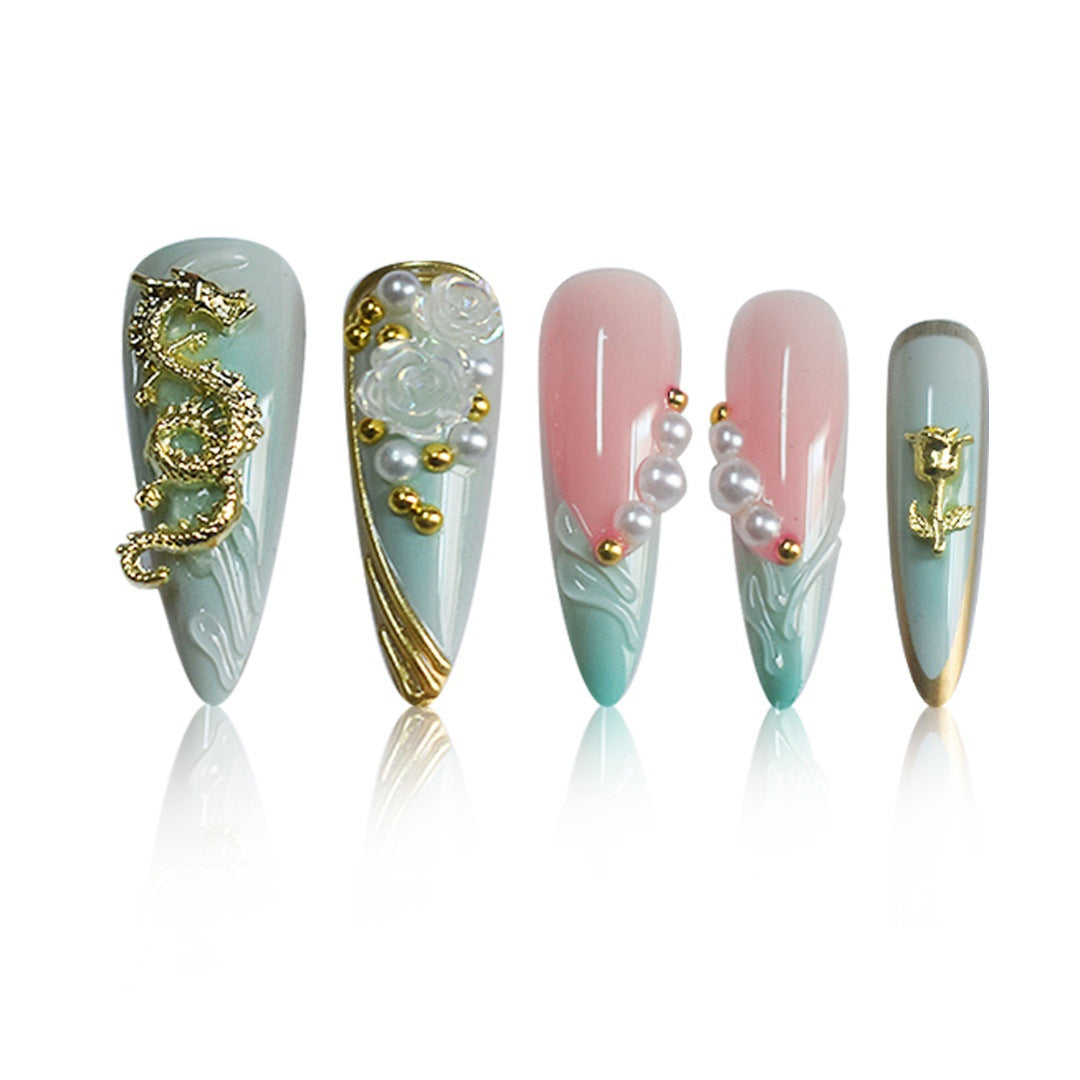 Luxurious Rhinestone and Floral Press-On Nail Art Acalora
