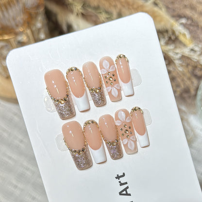 Luxurious Glittery Press-On Nail Art Set with Decorative Floral Accents Acalora