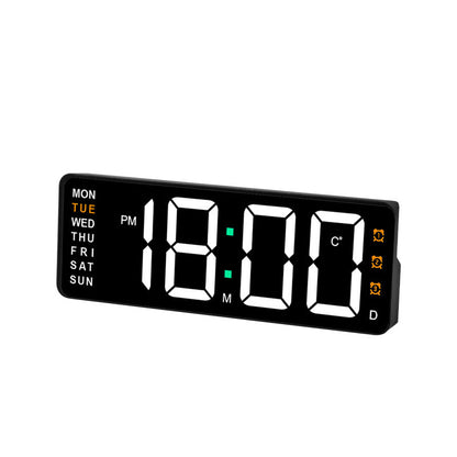 Digital wall clock with temperature and weekday display