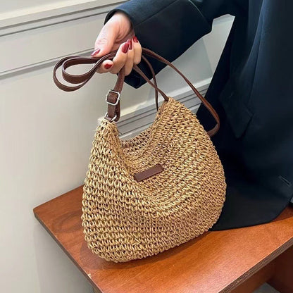 Handwoven shoulder bag with brown leather accent Skanto