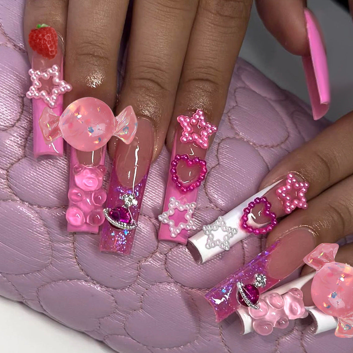 Decorative False Nail Art Set with 3D Embellishments Acalora