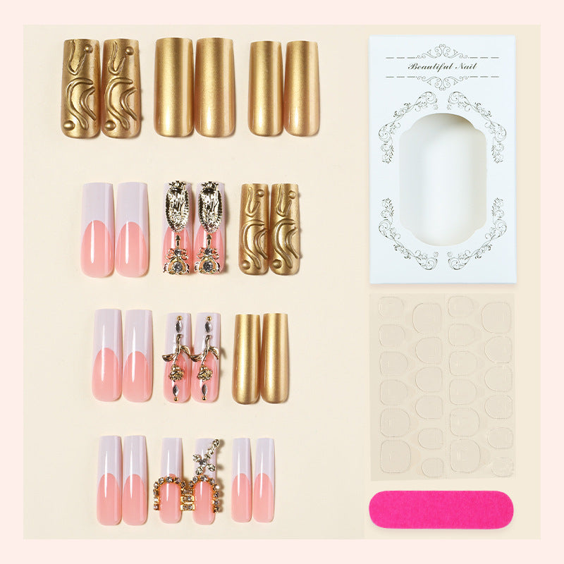 Decorative Press-On Nail Set with Stylish Gold Accents Acalora