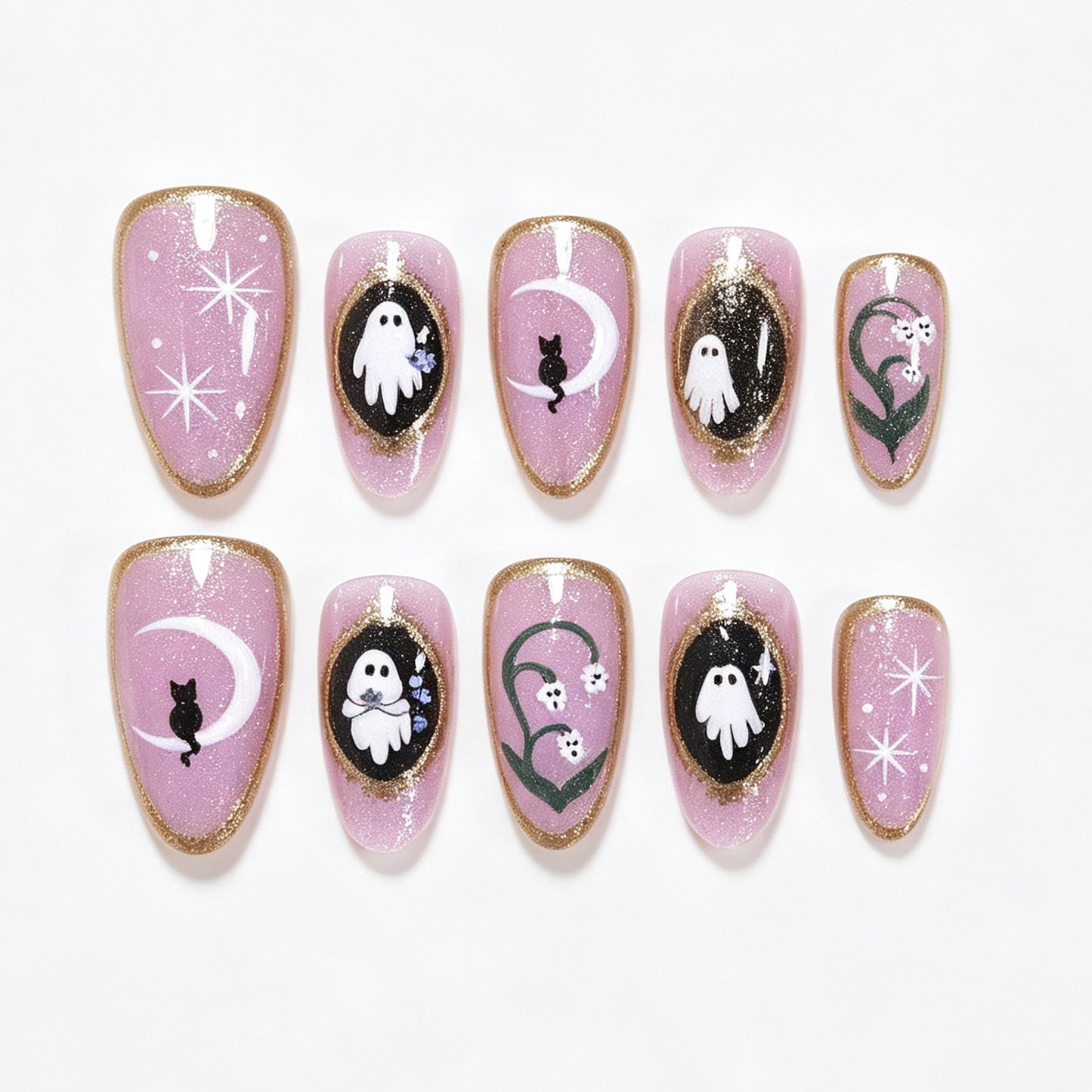 Halloween-Themed Ghost and Cat Press-On Nail Art Set Acalora