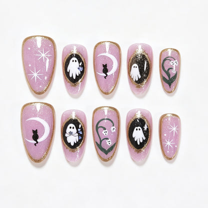Halloween-Themed Ghost and Cat Press-On Nail Art Set Acalora