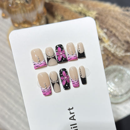 Decorative Press-On Nail Set with Floral and Striped Design Acalora