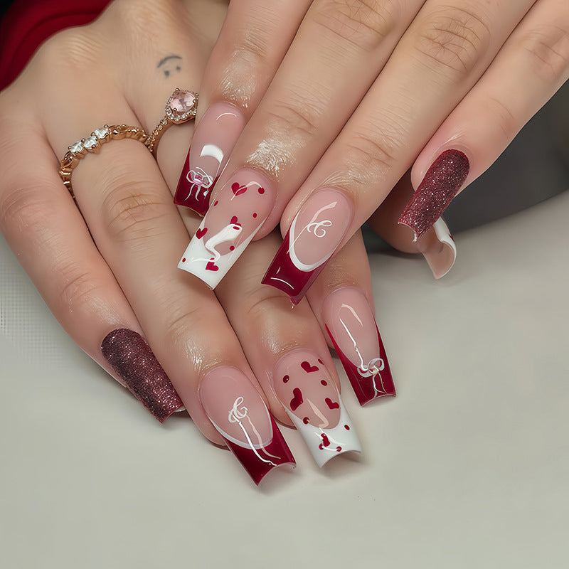 Elegant Press-On Nail Set with Artistic Heart and Glossy Finish Acalora