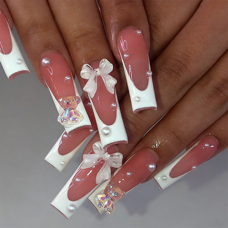 Artificial nail set with elegant bow and pearl decorations Acalora