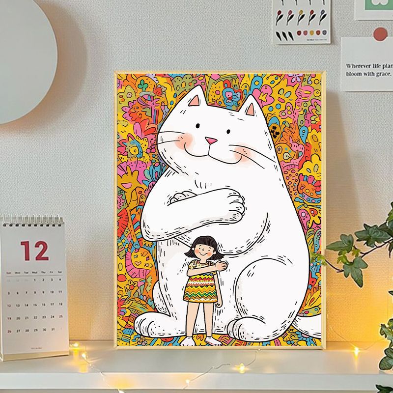 Playful Cat and Girl Illustration Canvas Art