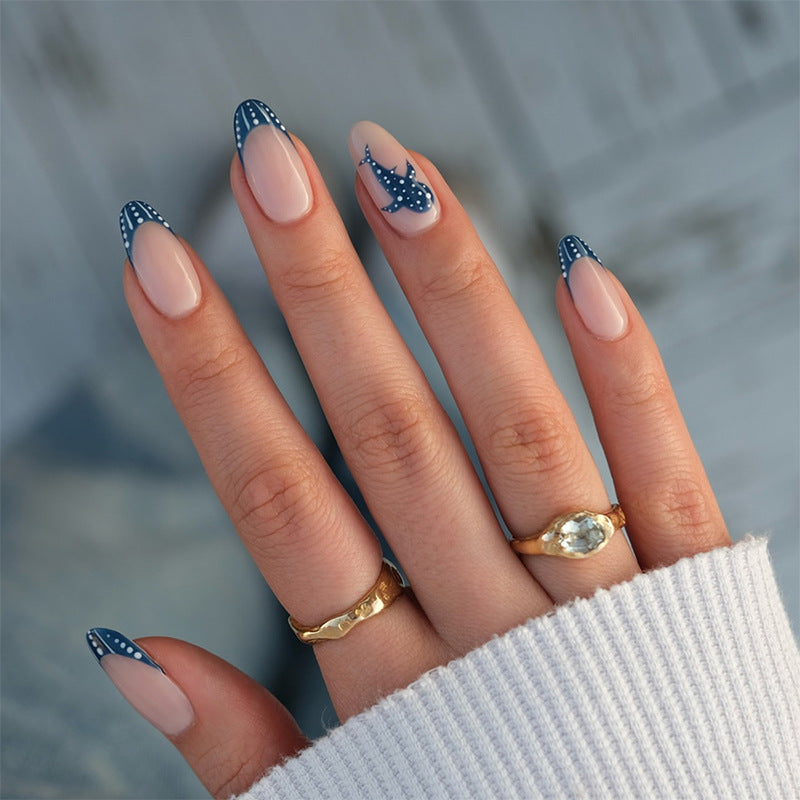 Artistic Press-On Nail Set with Decorative Whale Design Acalora