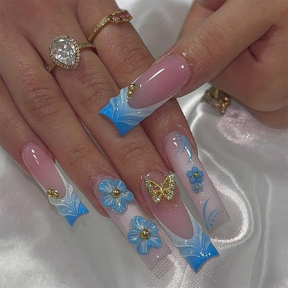 Artistic Press-On Nail Set with Floral and Butterfly Designs Acalora
