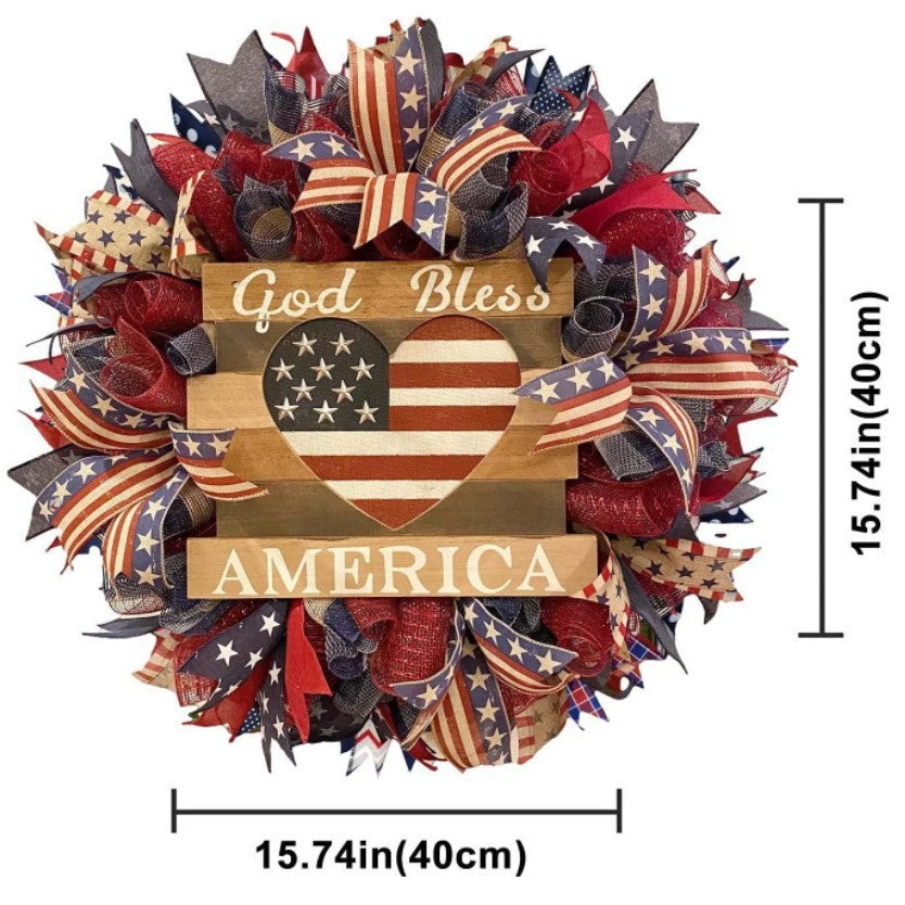 Unisex nan handcrafted Americana medallion wreath with layered deco mesh ribbons star motif bows and rustic sign Bowlift