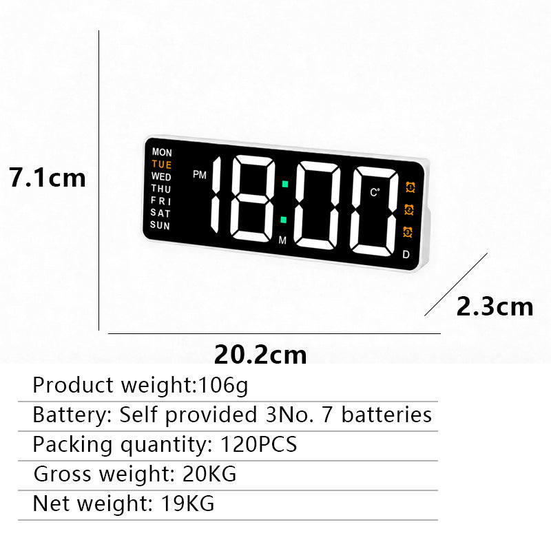 Digital wall clock with temperature and weekday display