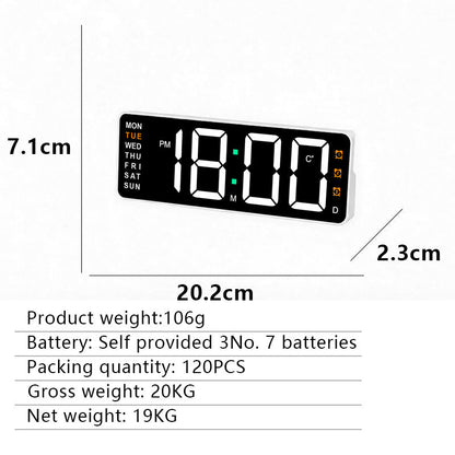 Digital wall clock with temperature and weekday display