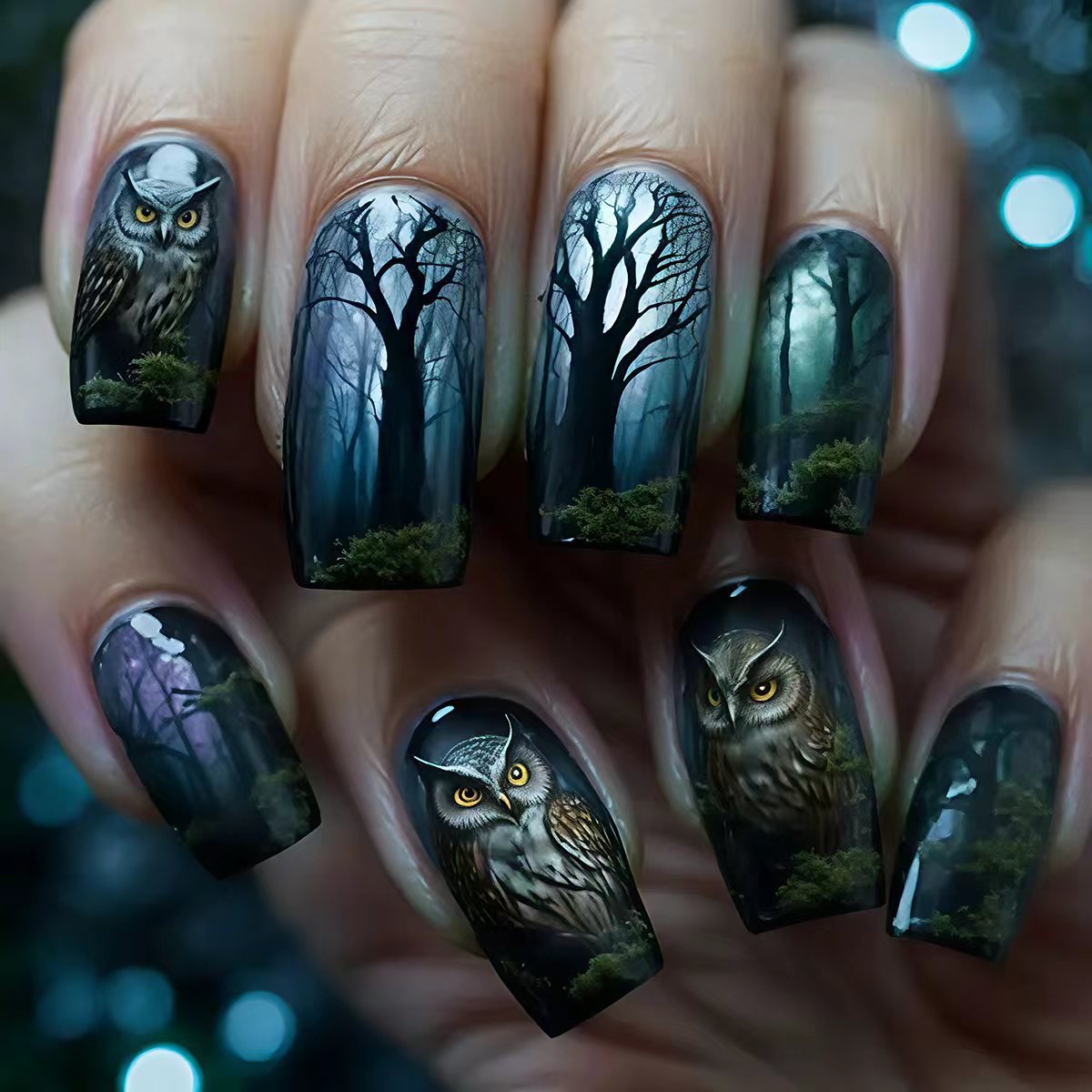 Artistic Forest-Themed Nail Art Acalora