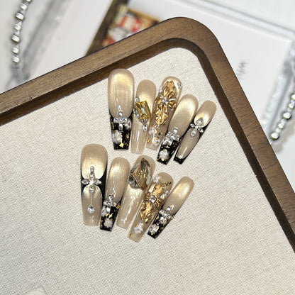 Elegant Decorative Press-On Nail Art Set with Rhinestone and Floral Accents Acalora