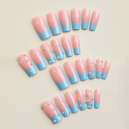 Premium Decorative Press-On Nail Set with Elegant Blue Tips and Jewel Accents Acalora