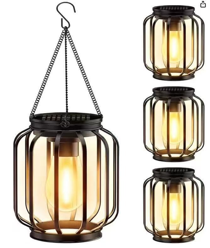 Solar Hanging Outdoor Lanterns with Vintage LED Bulb and Metal Housing, Waterproof Suspension Brehn