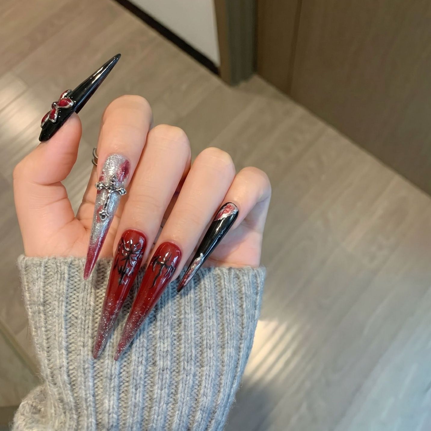 Artistic Stiletto Press-On Nail Set with Unique Gothic Design Elements Acalora
