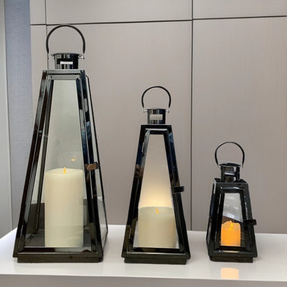Modern Triangular Glass Candle Lantern Set with Gold Metal Frame Acalora