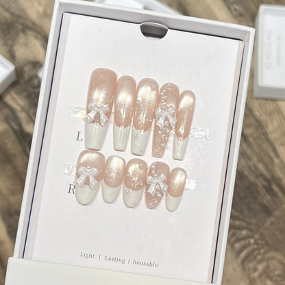 Decorative Long Press-On Nail Set with Bow and Pearl Accents Acalora