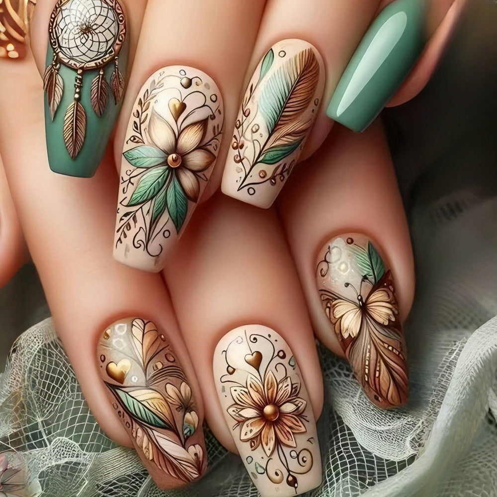 Artificial nails with floral patterns and dreamcatcher motif Acalora