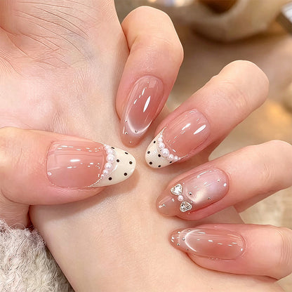 Artificial nail set with elegant French design and delicate pearl embellishments Acalora