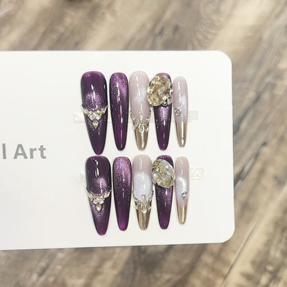 Elegant Stiletto Press-On Nail Set with Decorative Jewel Accents Acalora
