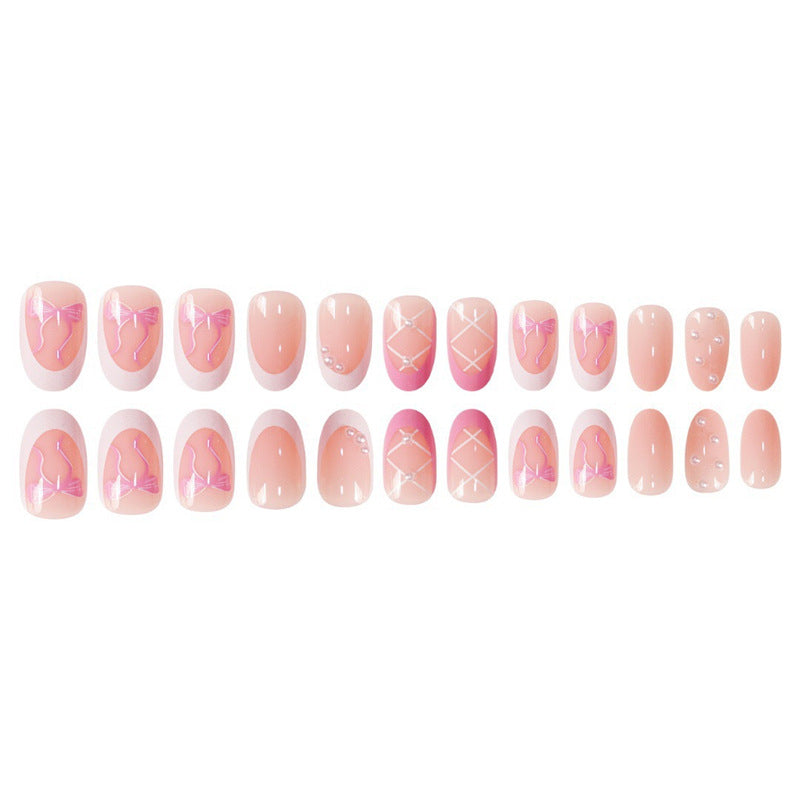 Elegant Decorative Press-On Nail Set with Bow and Pearl Accents Acalora